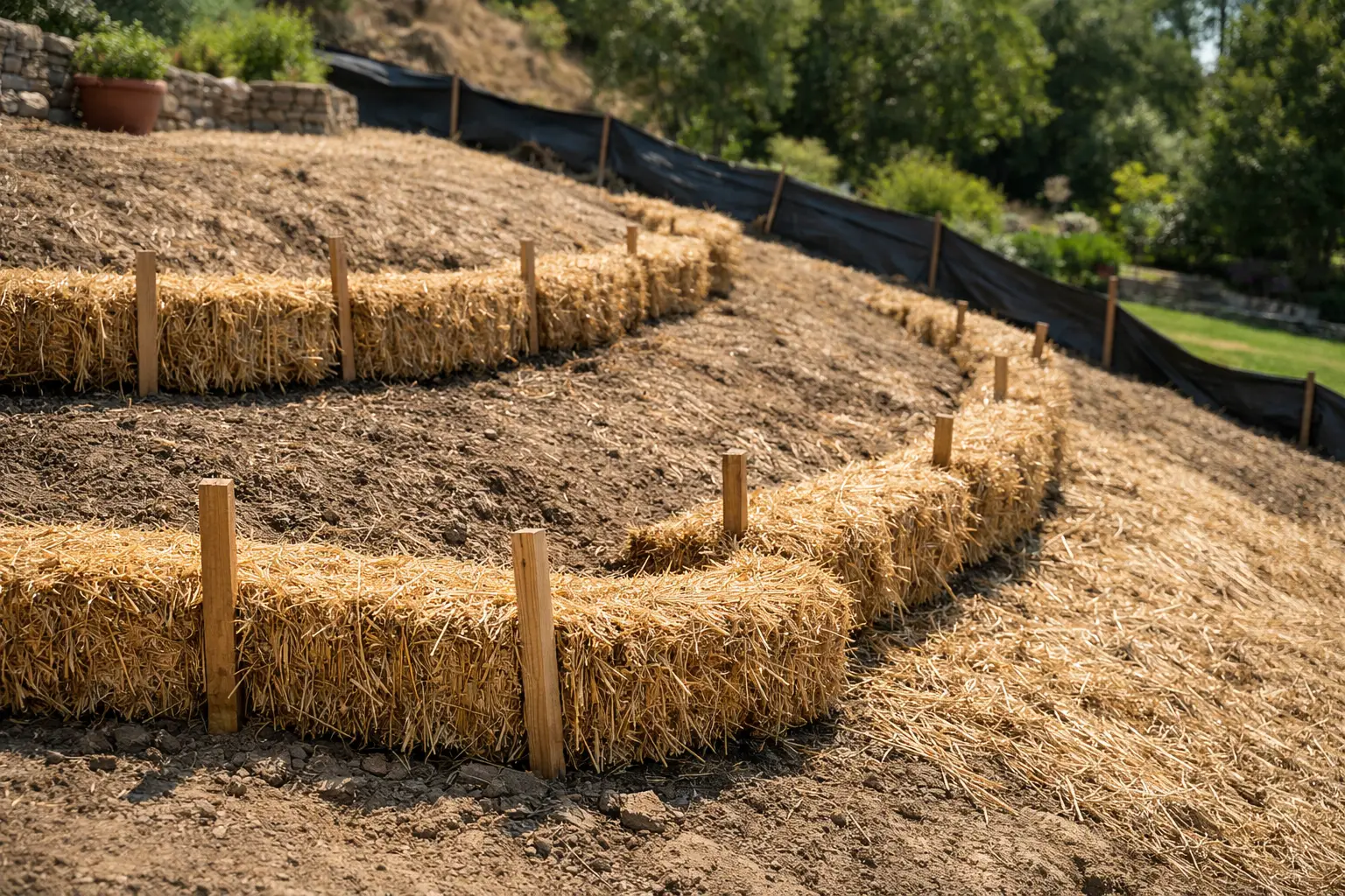 Straw Bales Erosion Control for Sloped Yards